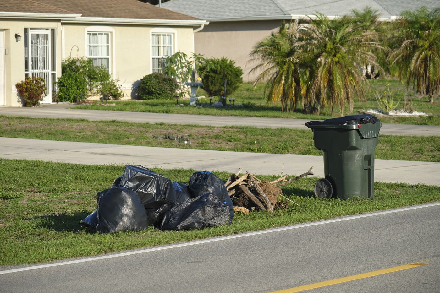 Trash bags and junk set out on a suburban curb for pickup